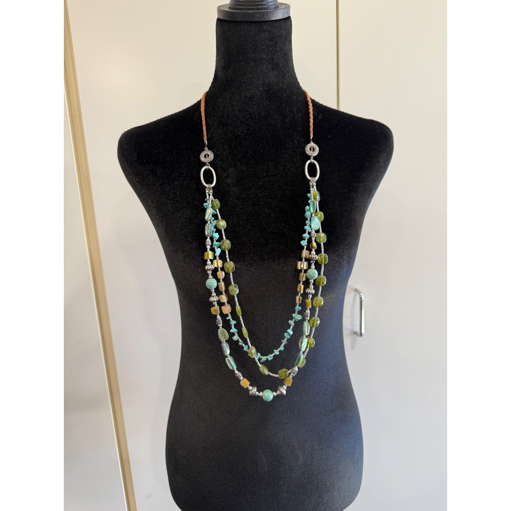 Boho Multi Strand Beaded Necklace Turquoise Green Shell Braided Cord Statement